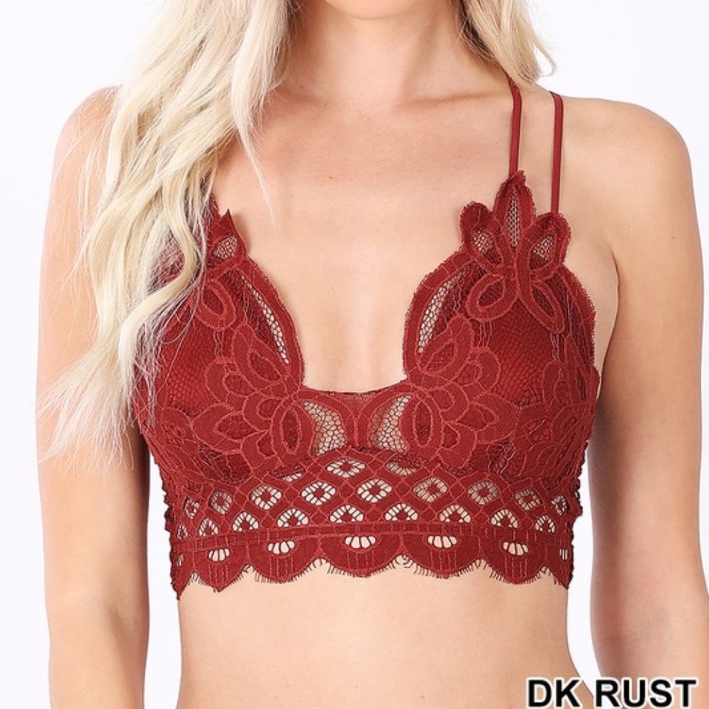 LACE BRALETTE W.BRA PADS :Dark Rust crochet stretch top Sz. L
